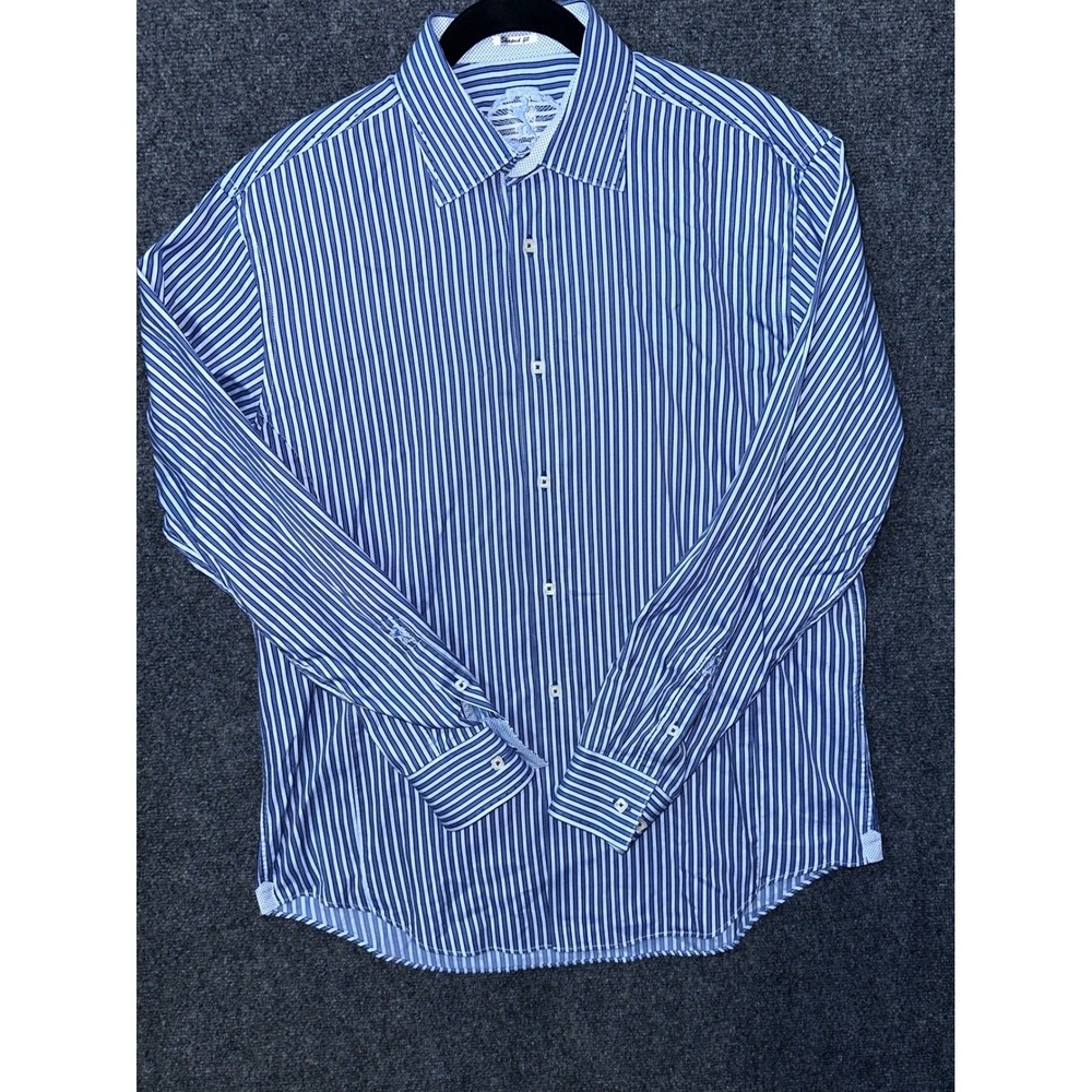 Bugatchi Uomo Mens XL Blue White Striped Shaped Fit Long Sleeve Button Down - Picture 3 of 7